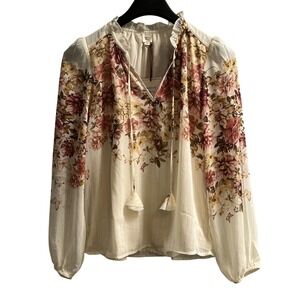 Autres Filles Blouse S Ivory Floral Metallic Threads Sheer Chiffon Blouse Tassel